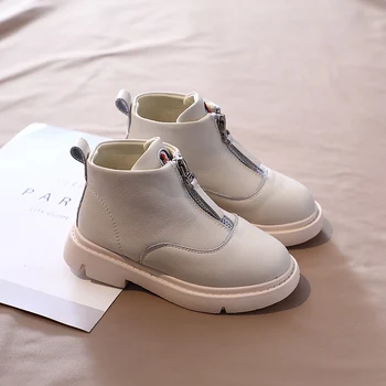 

kids Martin boots fashionable children Leather snow boots British style zipper pure color Black Beige size 26-37