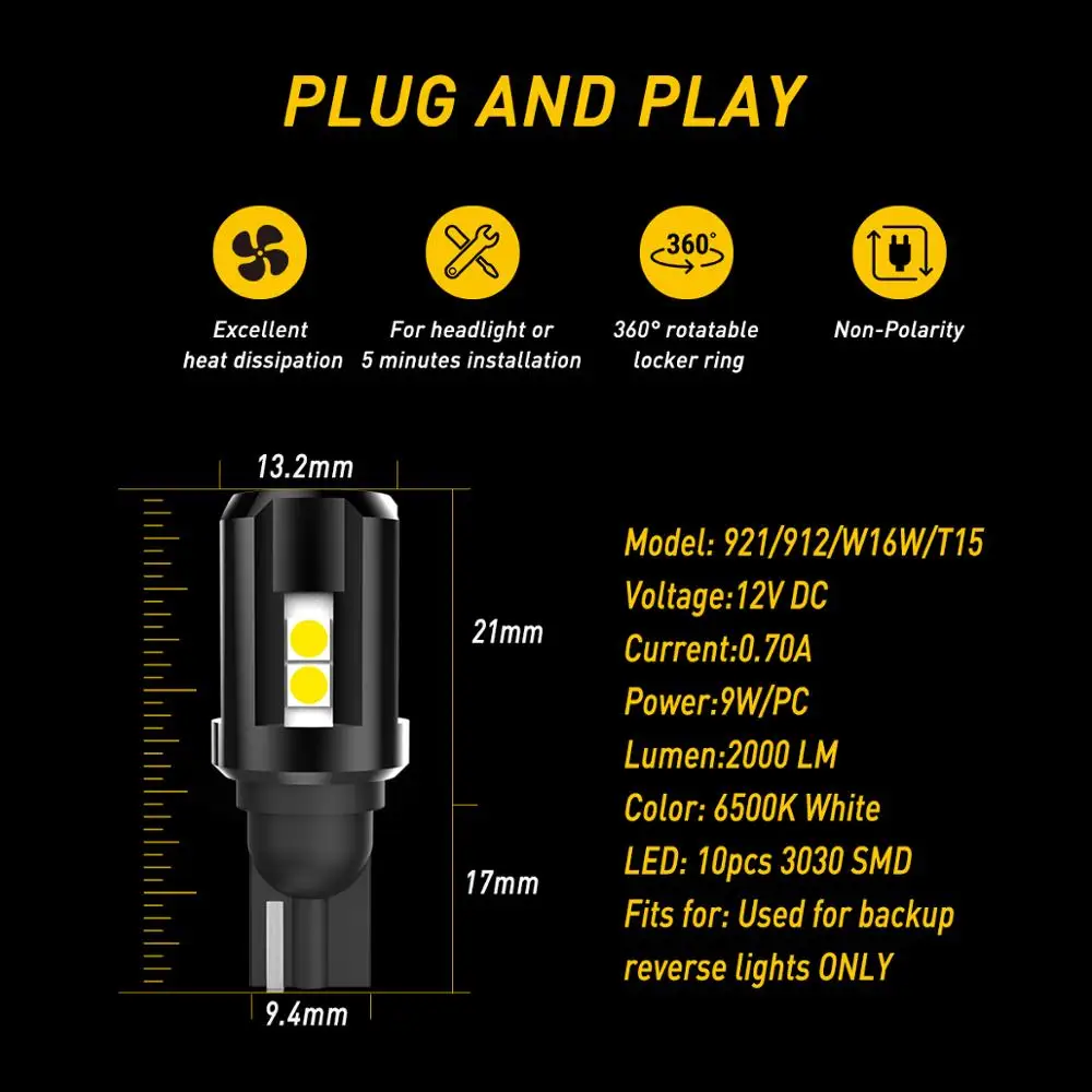 2x For VW BMW Audi Ford 2000LM W16W LED T15 T16 Canbus No OBC Error LED Car Reverse Backup Light Bulbs Xenon White LED 3030 SMD