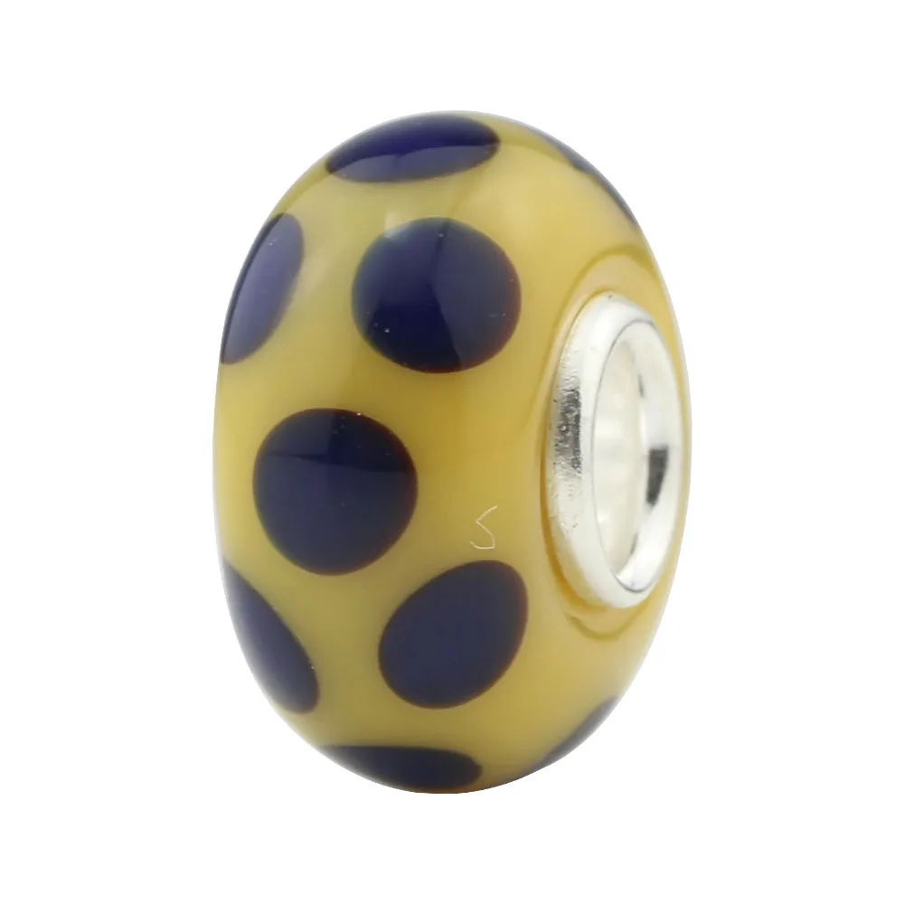 

Fun Blue and Yellow Spots bead charm with Solid Sterling Silver Tube .925 Stamped Fit European Snake Chain