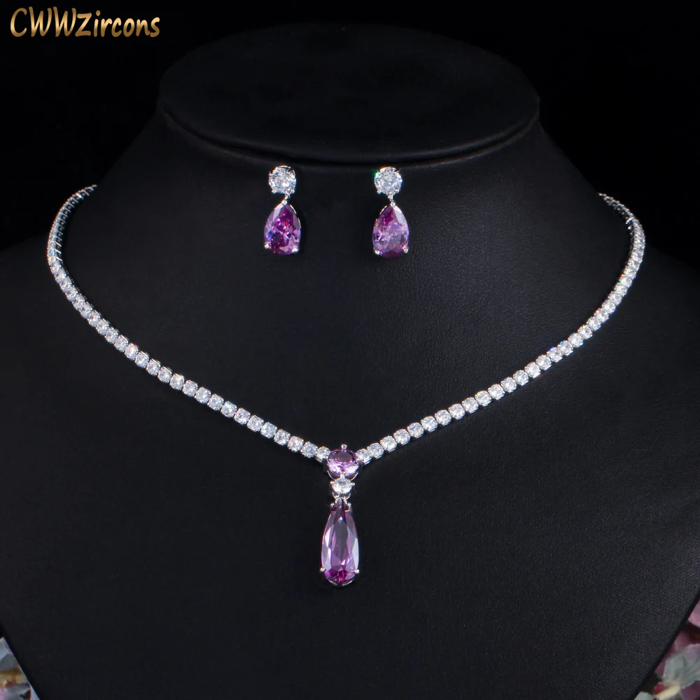 

CWWZircons Top Red Purple Cubic Zirconia Water Drop Fashion Women Engagement Party Jewelry Set for Wedding Bridesmaid Gift T525