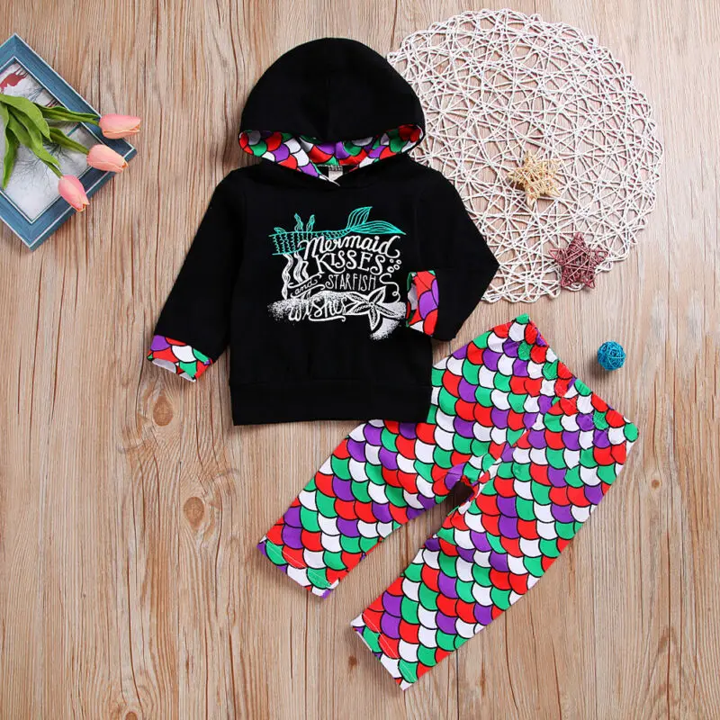 2PCS Mermaid Clothes Girl Suit Costume For Girl Long Sleeved Hooded Trousers Children Clothes Autumn Roupa Infantil Menina 0-4T