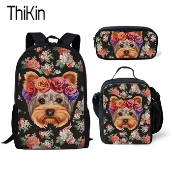 

THIKIN Yorkshire Terrier Floral Pattern School Bag Set for High School Student Dog Design Bookbag with Lunch Bag Summer Backpack