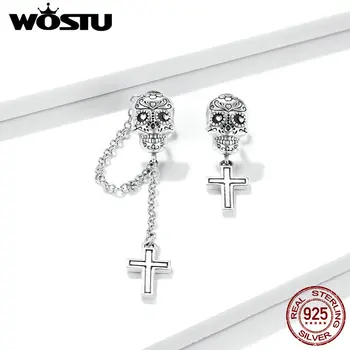 

Wostu 2020 Authentic 925 Sterling Silver Skull with Cross Stud Earrings for Women Oxidized Silver ear Jewelry DAE419