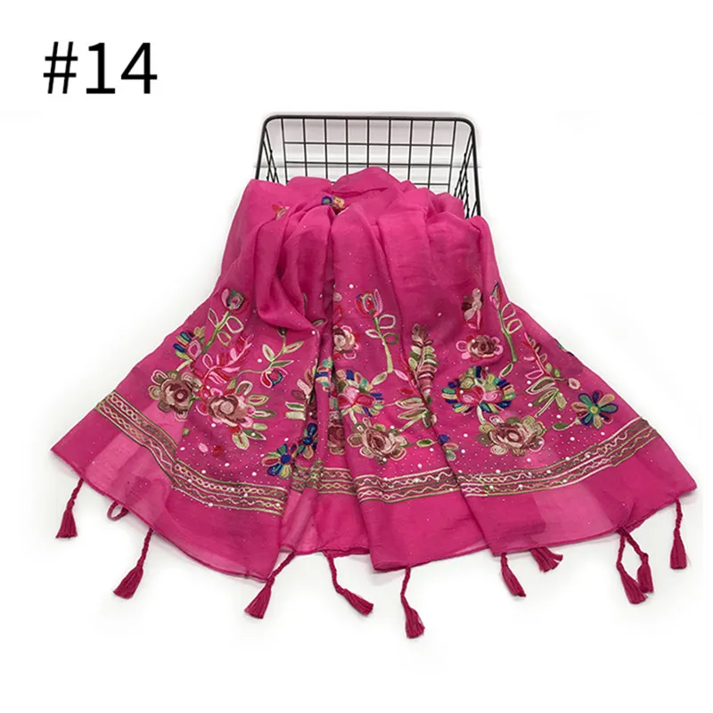 Модная вышивка цветок хиджаб шарф кистями бисером женские мусульманские шарфы - Цвет: 14