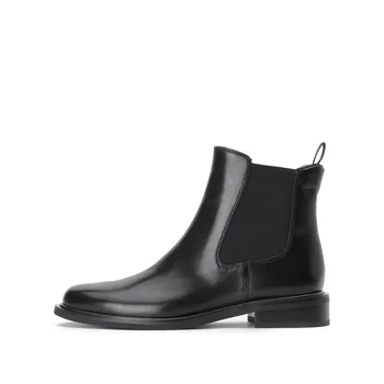 

Winter 2020 new low heel leather women's short boots with round head and elastic and boots