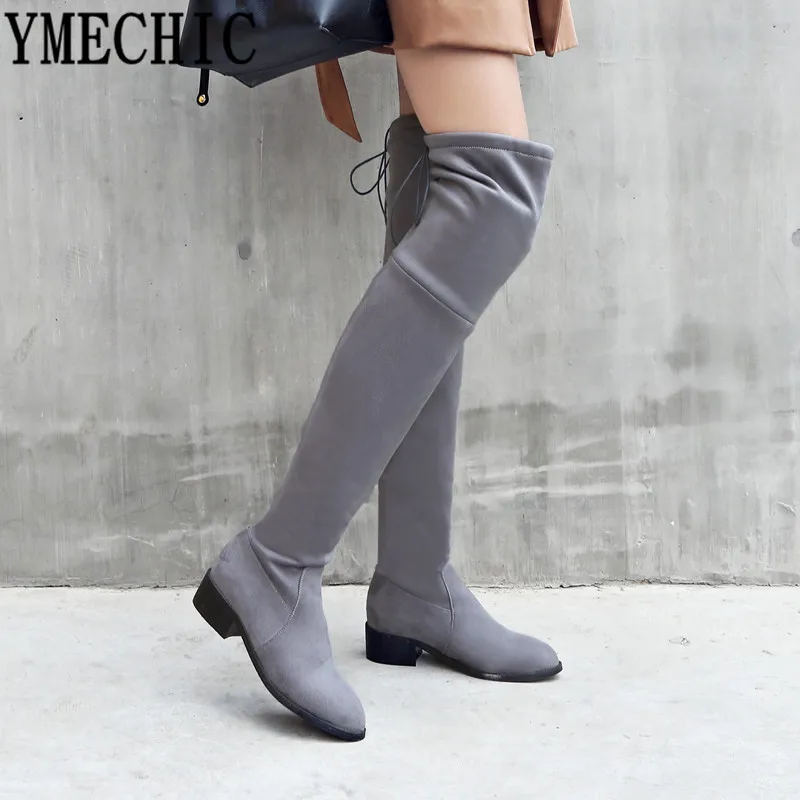 

2018 Winter Thigh High Boots Female Black Stretch Flock Lace Up Over Knee High Riding Botas Chunky Heel Shoes Plus Size