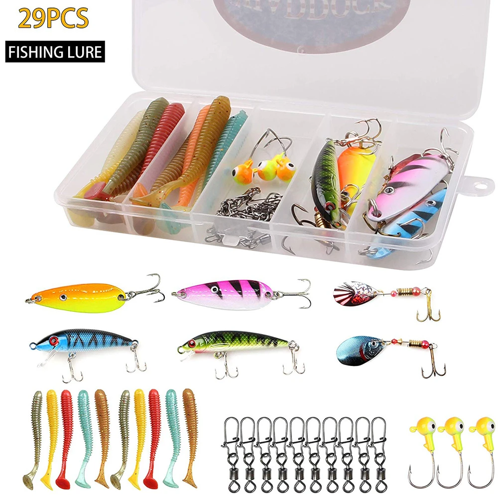 29pcs Box Fishing Lures Kit Including Hard Baits Soft Lures Jig Heads Swivel With Snaps Freshwater Saltwater Fishing Accessories Fishing Lures Aliexpress