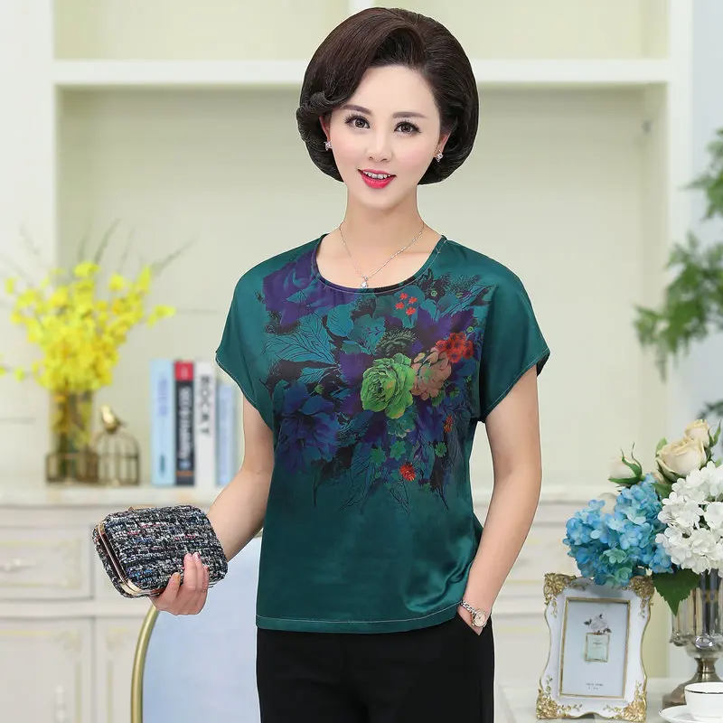 

Mature Women Summer Silk Stain Blouses Red Green Floral Pattern Short Sleeve Drop Shoulder Round Collar Thin Top Middle Age Lady