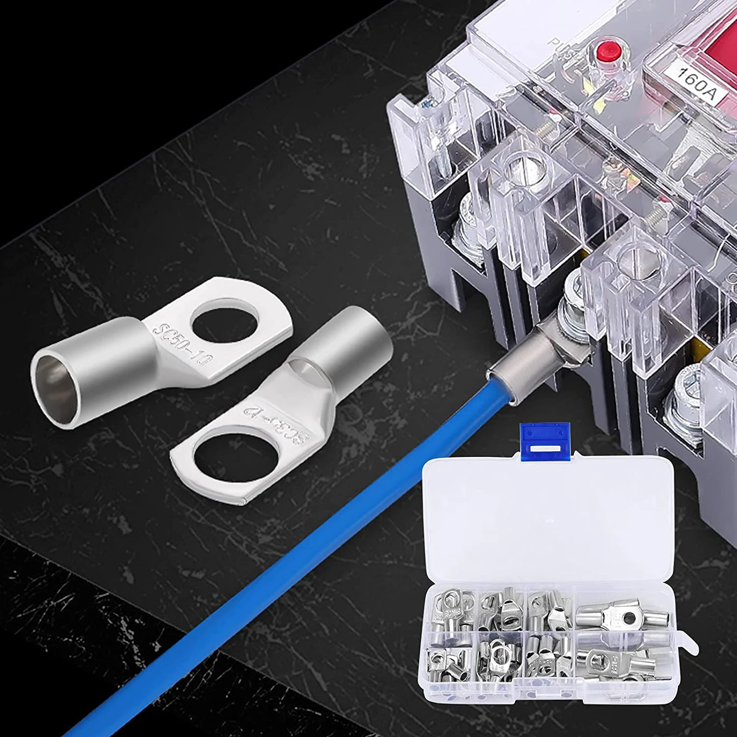 PONFY 60PCS Heavy Duty Tinned Copper Wire Lugs Battery Cable Ends Eyelets SC Ring Terminal Connectors Kit 8 Sizes