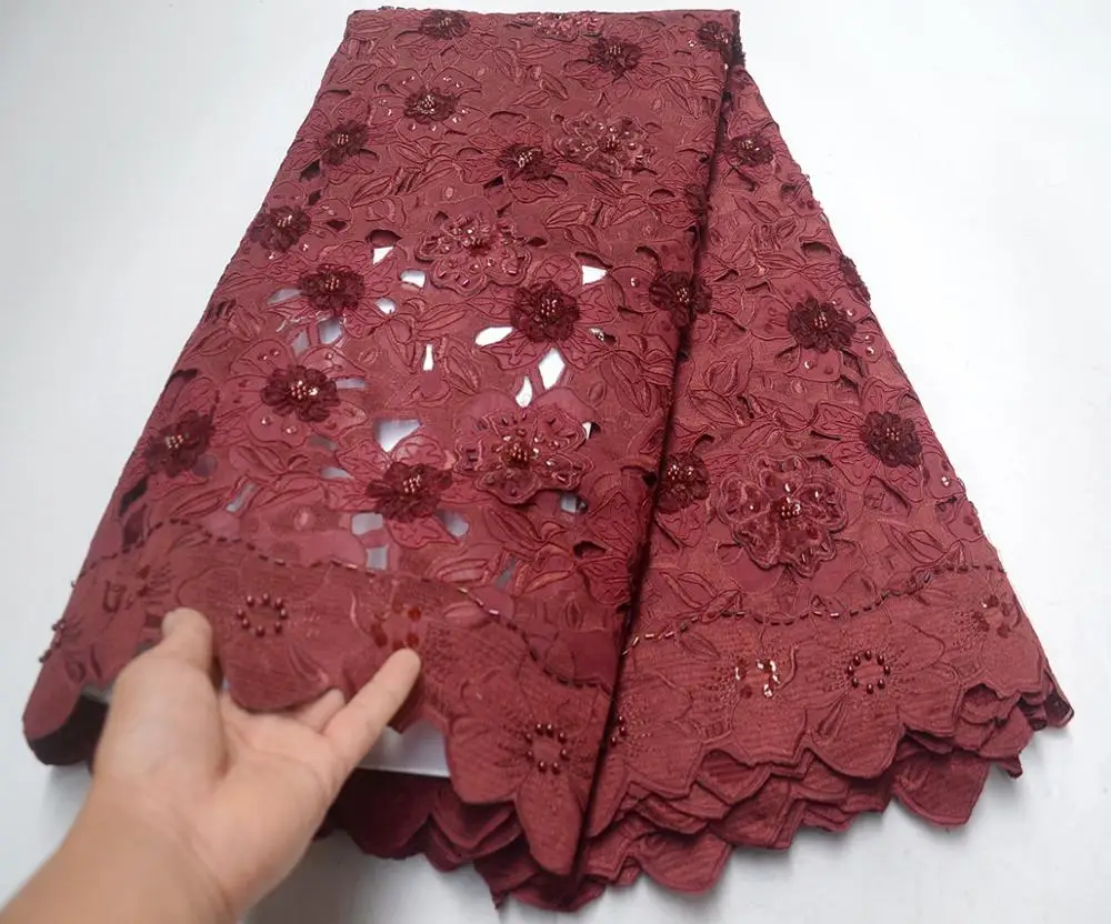 

Wine color 3D applique African French Organza Lace Fabric With Beads For Dress Nigerian Lace Fabrics With Tulle Net Lace Fabrics
