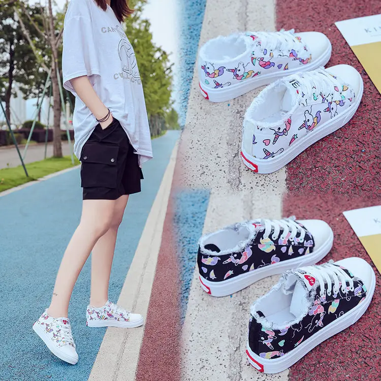 

Graffiti Autumn New Style Unicorn Canvas Shoes Women's Versatile Korean-style Students MacBook Shoes Network Red Flat Casual Boa