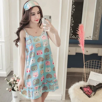 

Women Print Sleeveless Nightdress Fashion Sling Nightdress Fashion Home Dress With Eye Mask