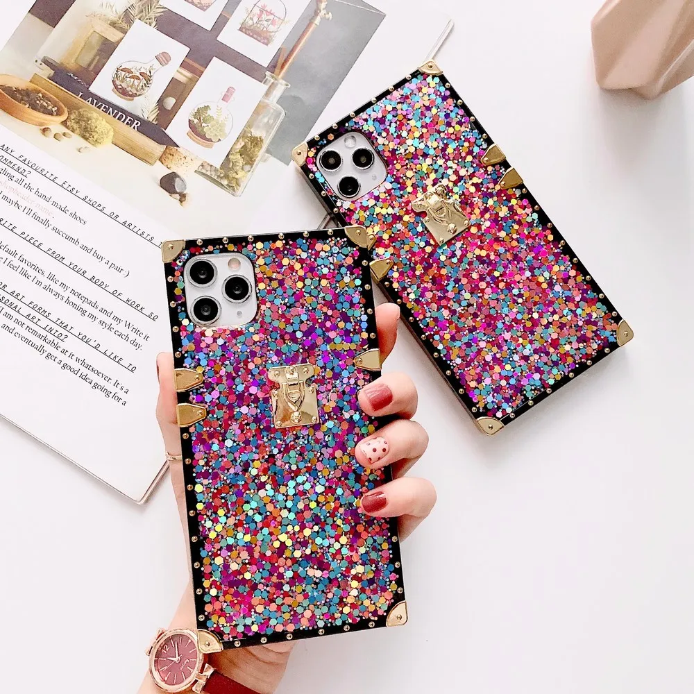 

Luxury Exquisite fashion sequin square phone case For Samsung Galaxy NOTE S 8 9 10 20 A 30 50 51 71 PLUS ultra back cover