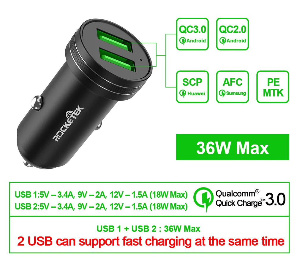 Rocketek USB Автомобильное зарядное устройство для мобильного телефона Быстрая зарядка для iPhone 11 быстрая PD Xiaomi QC 4,0 QC 3,0 Для huawei P30 SCP FCP Sumsung AFC