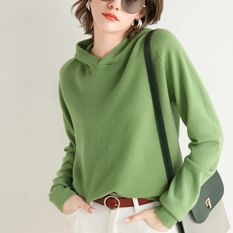 

Women's sweater 2020 autumn and winter new casual all-match solid color pullover long-sleeved cashmere sweater with cap