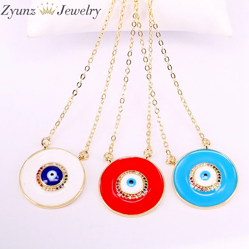 

10PCS, Fashion Gold Color Multi CZ Micro Paved Round Eye Enamel Pendant Necklaces For Women Jewelry