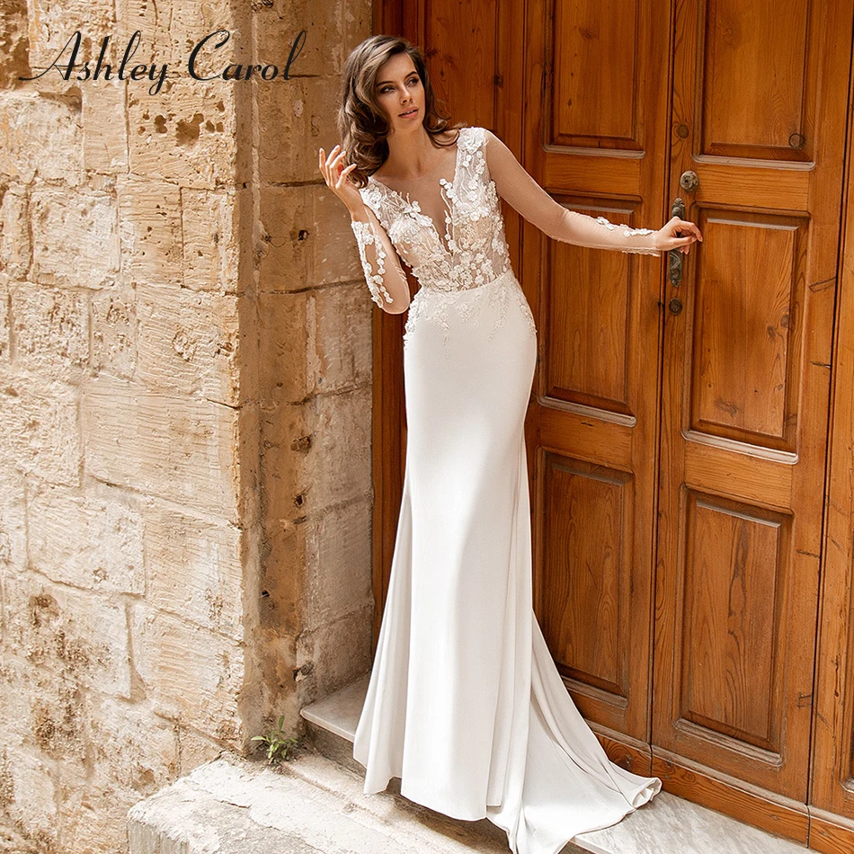 

Ashley Carol Sexy V-neckline Backless Mermaid Wedding Dresses 2019 Long Sleeve Soft Satin Bride Dresses Romantic Wedding Gowns