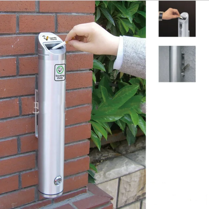 

New 48cm 1.8L Aluminum Alloy Outdoor Cylinder Wall Mounted Ashtray Cigare tte Ash Bin Stainless Steel Lockable
