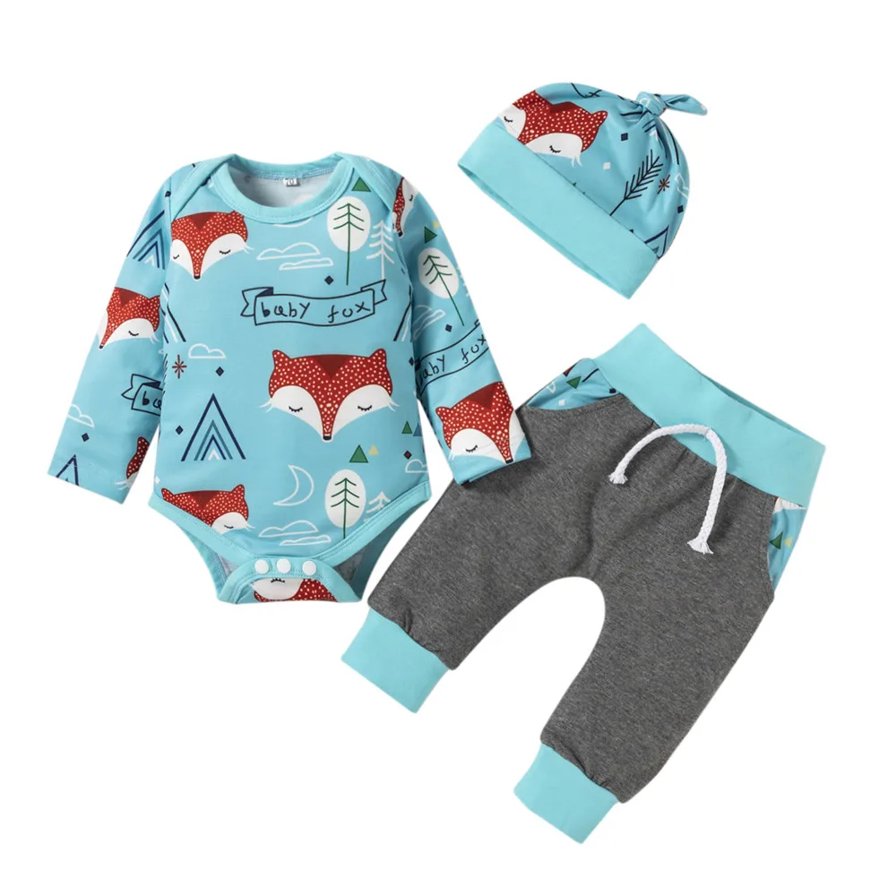 Three Piece Baby Boy’s Clothes Cute Fox Long Sleeve Romper And Contrast Color Long Pants With