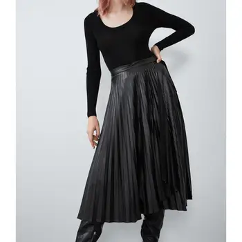 

autumn winter women solid fashion Black PU chic casual ZA style highstreet leather Pleated skirt female