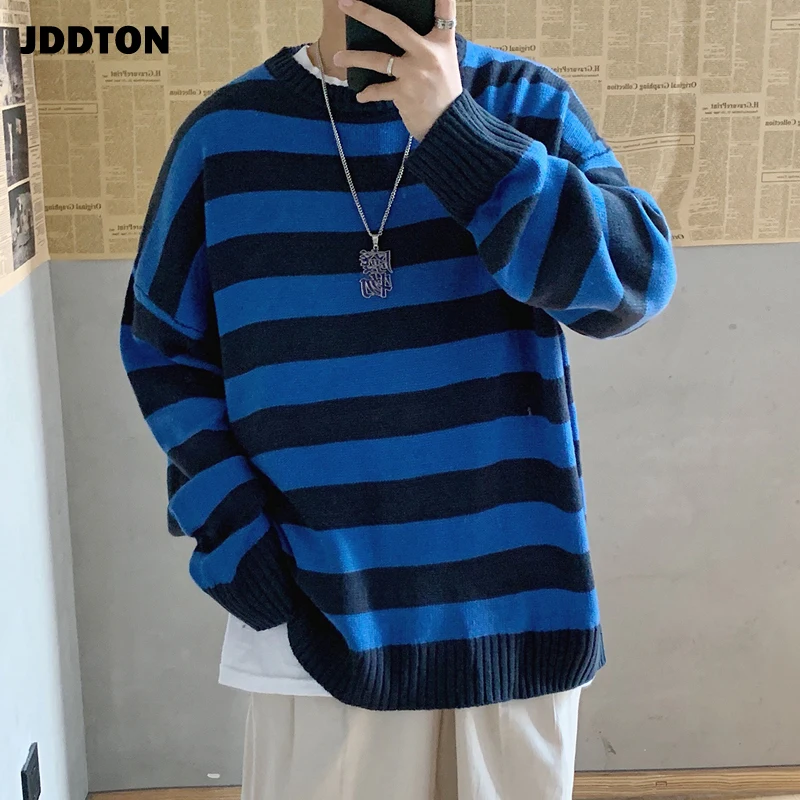 JDDTON New Men's Stripe Sweater Casual Long Sleeve Patchwork Sweater Slim Fit Streetwear Autumn Pullover Male Fashion Coat JE380