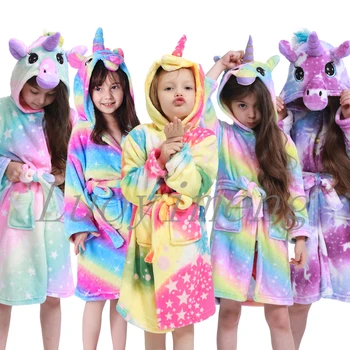 

Boys Girls Bath Robe Children Unicorn Hooded Flannel Pajamas Bathrobes For Kids Beach Towels Cartoon Colorful Pajamas Nightgown