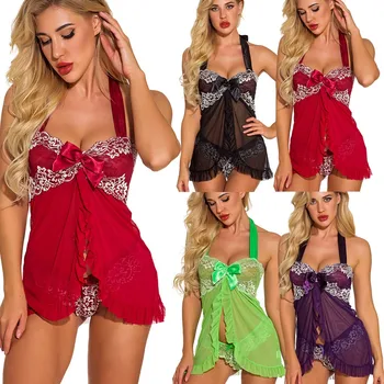 

Women Nightwear Lace Babydoll Halter Backless Lingerie Bow Split Sleepdress Female Sexy Nightgowns пижама женская