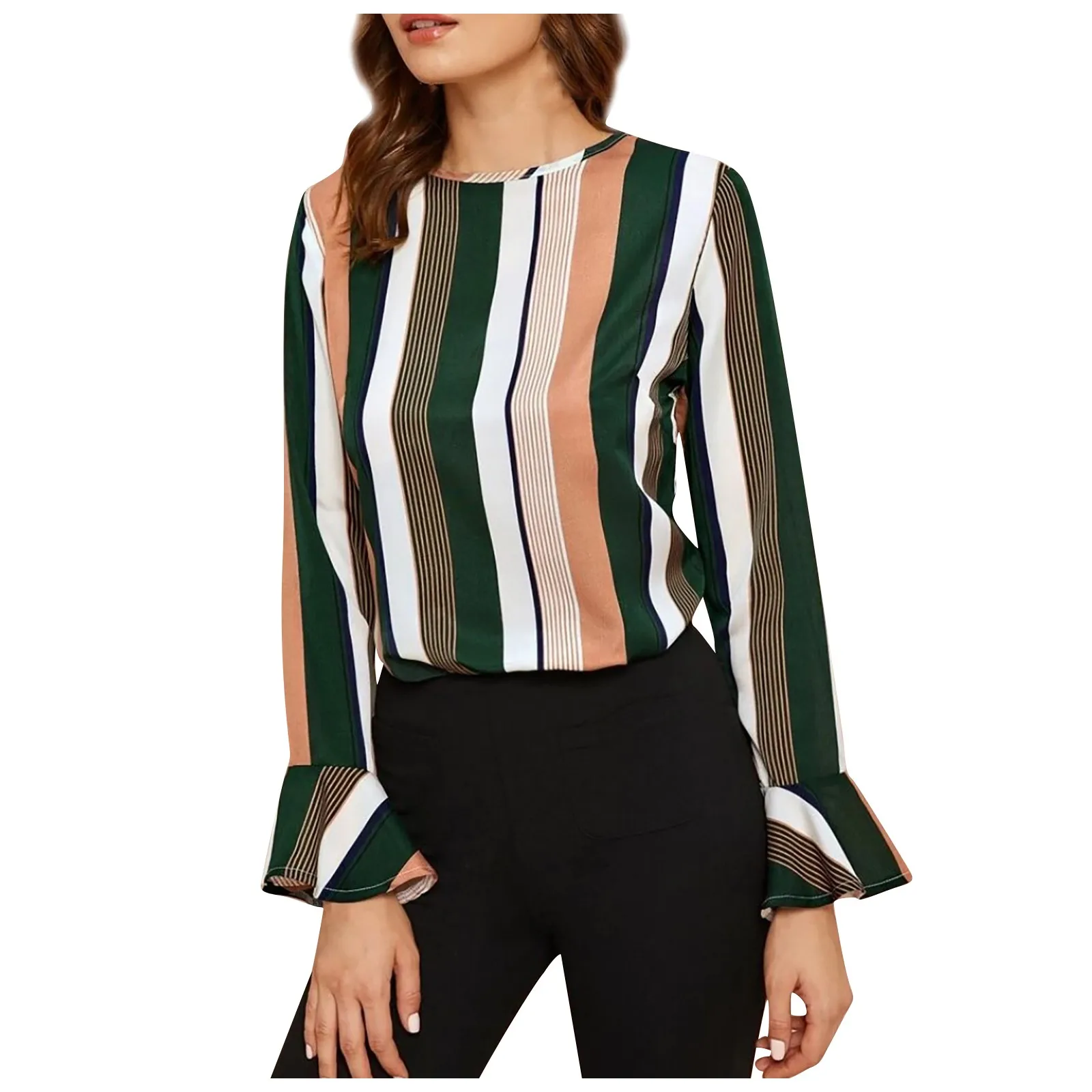 Shirt Silk Blouses Long-sleeve 2021 Women's Casual Striped Flare Sleeve Long Sleeve Chiffon Shirt Tops Blouse Женское Пла 2
