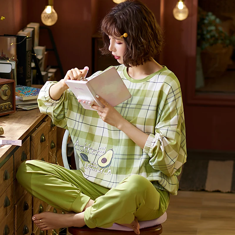 

MELIFLE Autumn Women's Pajamas Set of Avocado Long Sleeve O-Neck Soft Sleepwear Winter Warm Leisure Mujer Homesuit PJS Nightwear