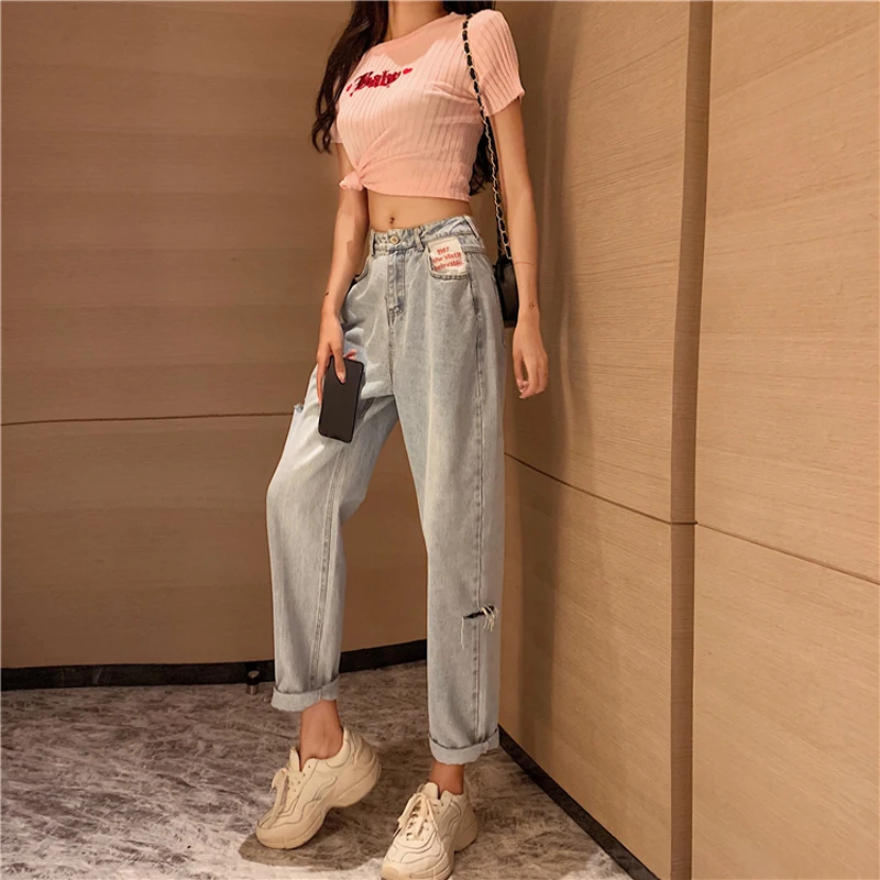 Spring and autumn Korean version of 2020 new design sense hole high waist was thin Harlan pants trousers net infrared jeans