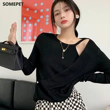 

Sexy Asymmetrical Single Botton Design Sweater Autumn Tide All Match Knitted Women Tops Long Sleeve Bottoming Pullover