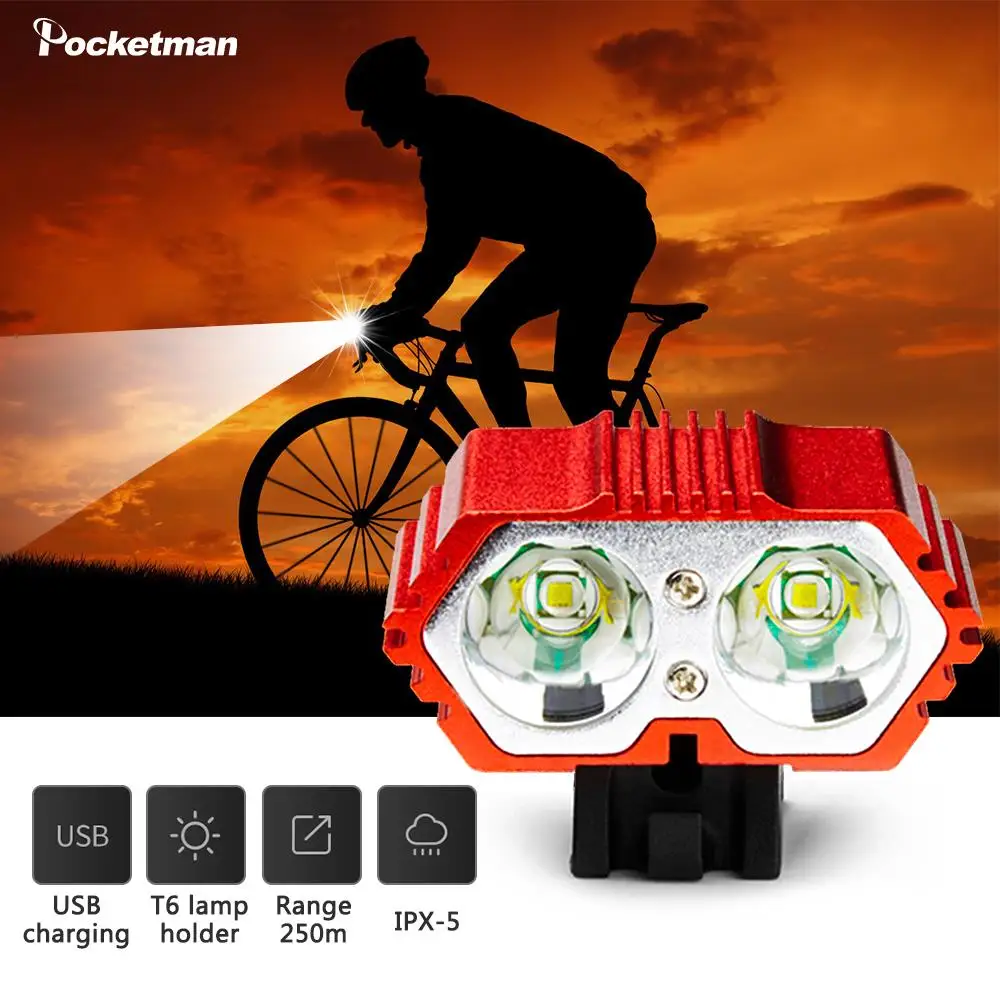 

4000LM USB Rechargeable Bike Light 2*T6 LED Front Bicycle Headlight Waterproof Bicycle Light Dual Lamps for Cycling No Battery