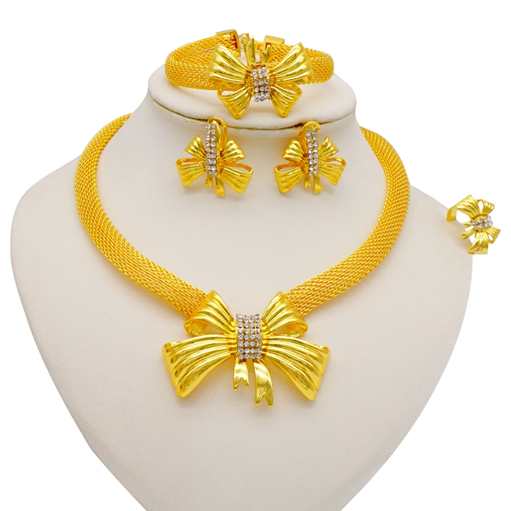 

Jewellery Set Gold Color Necklace Bow Bracelet Ring Earrings Dubai Wedding Ornament Bridal For Women African Jewelry Sets