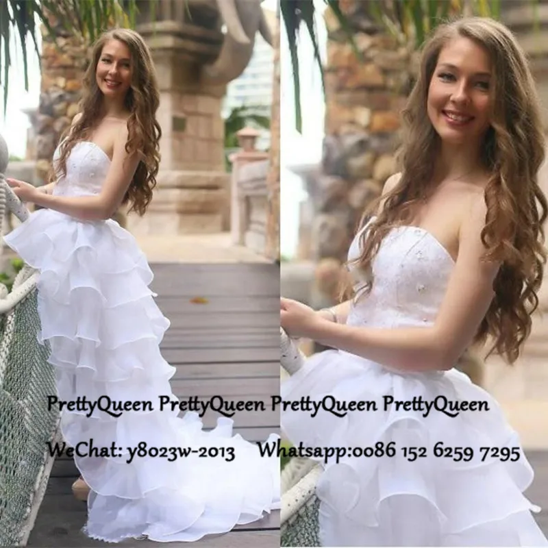 

Tiered High Low Wedding Dress Long Sweep Train 2020 Strapless White Organza A Line Vestido De Noiva Bridal Dresses Formal Gown