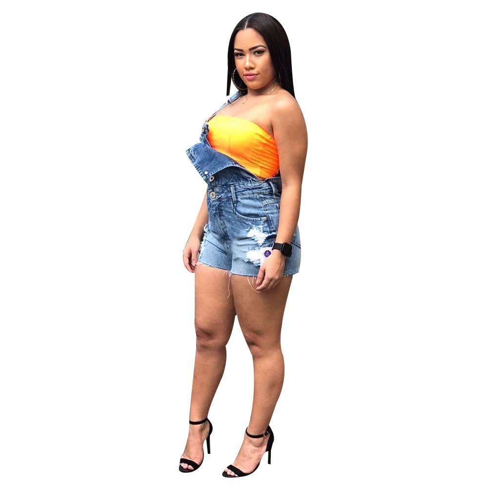 5XL Plus Size Denim Jumpsuit Women Summer Pocket Short Playsuit Hole Overalls Romper Female Button Streetwear Denim Playsuit D30