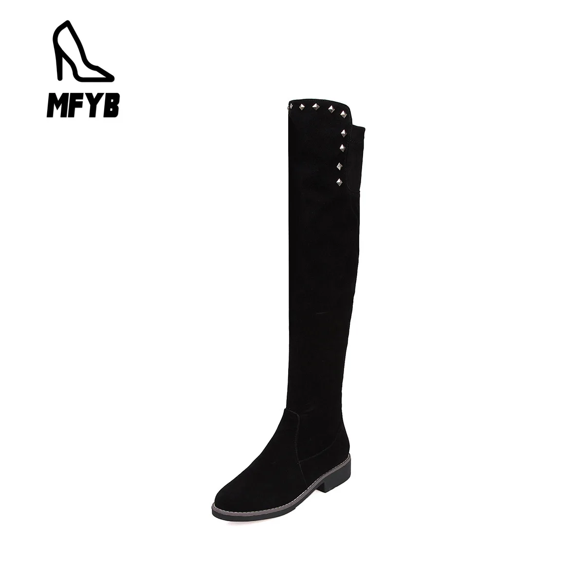 

MFYB Women's boots 2019 autumn and winter new comfortable low heel square with large size 40-43 rivet over the knee boots
