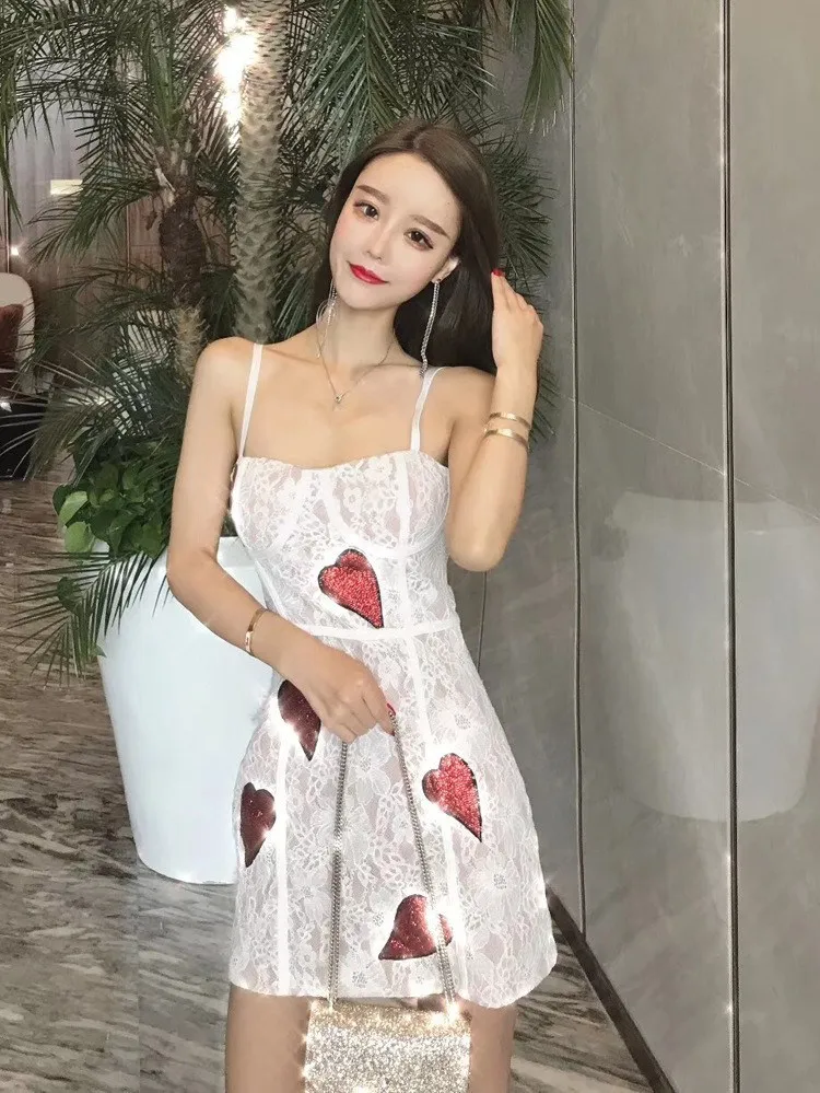 Fashion Women Sexy Backless Lace Dress Straight Elegant Heart Sequins Mini Dresses Fashion Strapless Spaghetti Strap Dresses
