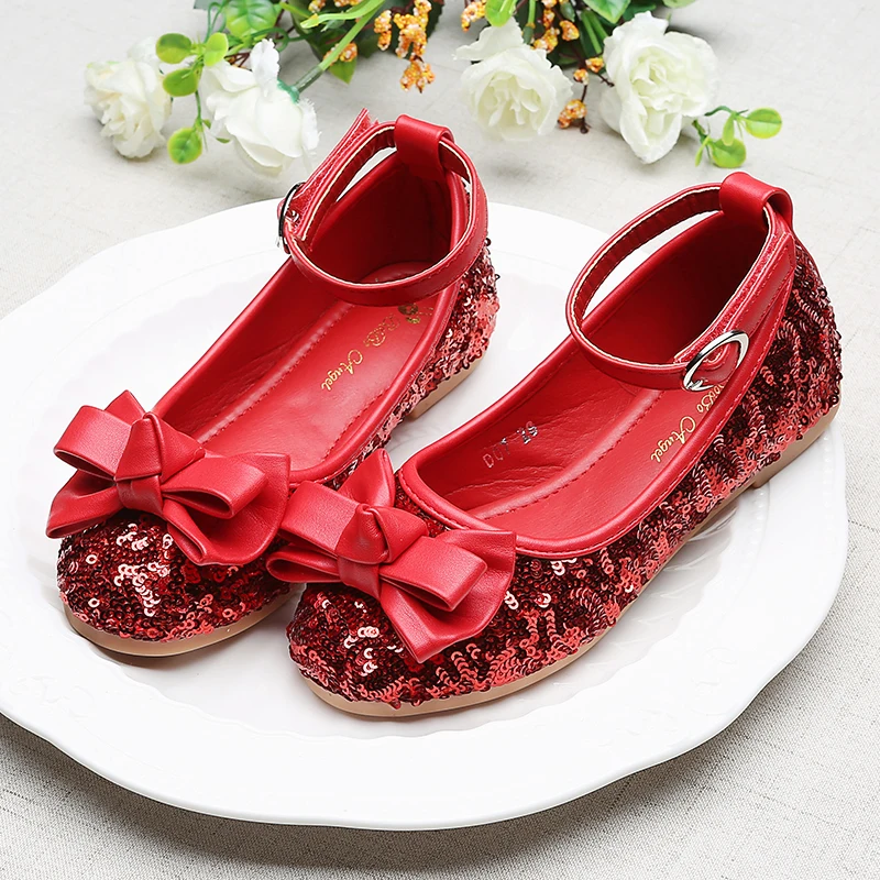Girls Leather Shoes Pure Color Spring New Cute Bowtie Sequins Princess Shoes Kids Girls Baby Single Sneakers Party Shoes STX004