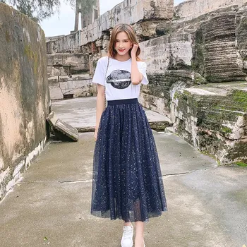 

2019 Summer Women Short Sleeve T-Shirt And Mesh Midi Skirts Two Piece Set O-Neck Fashion Sequined Planet Pattern Suit