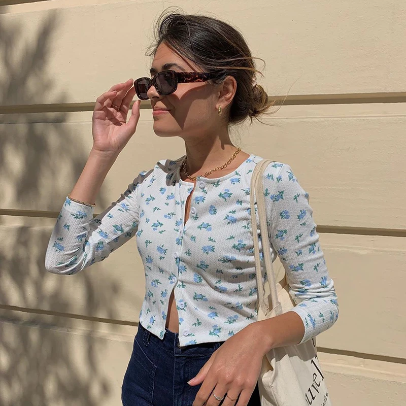 IAMSURE Small Flower Print Aesthetic Long Sleeve Blouse For Women Korean Streetwear Fashion Casual Female Crop Tops Shirts