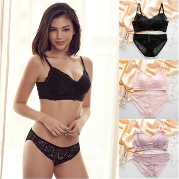 

B 2020 Women Solid Color Thin Lace Wire Free No Trace No Rim Sleep Bra Briefs Set 3/4 Cups Adjustable Shoulder Strap Padded Bra