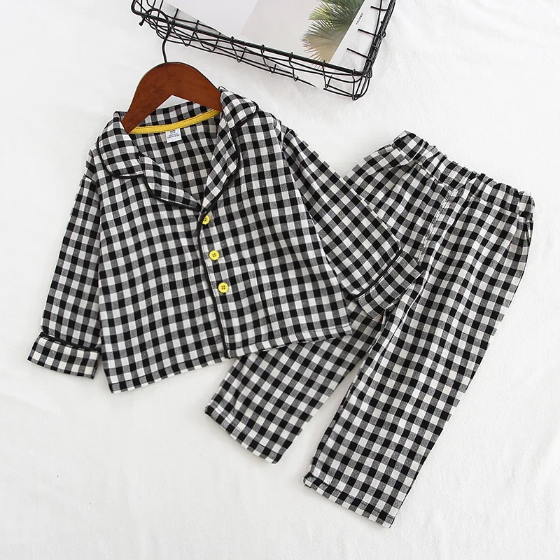 

Spring Autumn Cotton Kids Pajamas set Black Grid Printing Kids Sleepwear Long Sleeve Pyjamas Set Infantil Baby Boy Girl Clothes