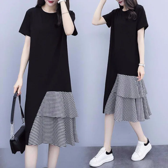 

Summer Large Size Belly Covering Slimming Short-sleeve Dress Mid-length Women's 2020 New Style Korean-style by Age Joint Mock Tw