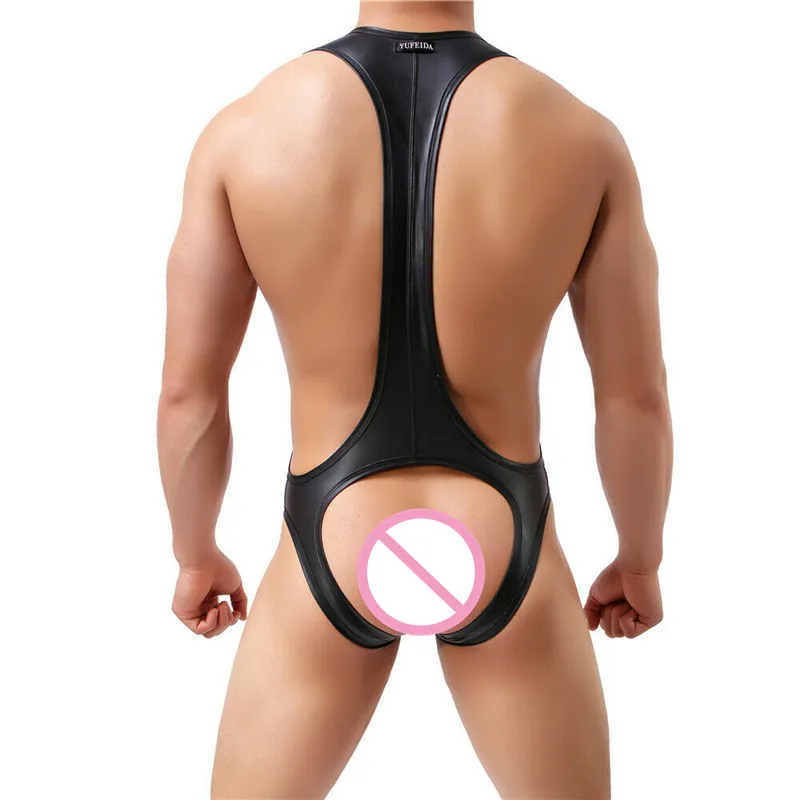 Sexy Gay Bodysuits Faux Leather Leotard Latex Jumpsuits Penis Pouch Undershirts Wrestling Singlet Wetlook Open Butt Sex Catsuit
