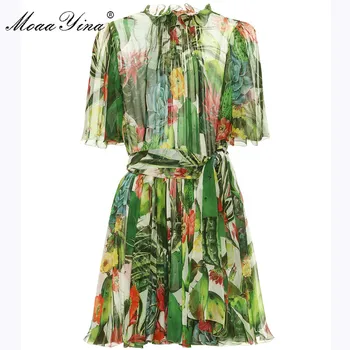 

MoaaYina Fashion Designer Silk dress Summer Women's Dress Short sleeve Cactus Green Floral-Print lace-up Silk Dresses