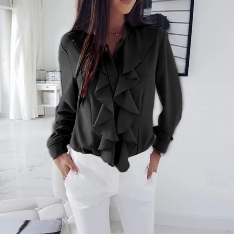 New Women Soft Blouse Tops Long Sleeves Ruffled V-neck Solid Color Slim Tops