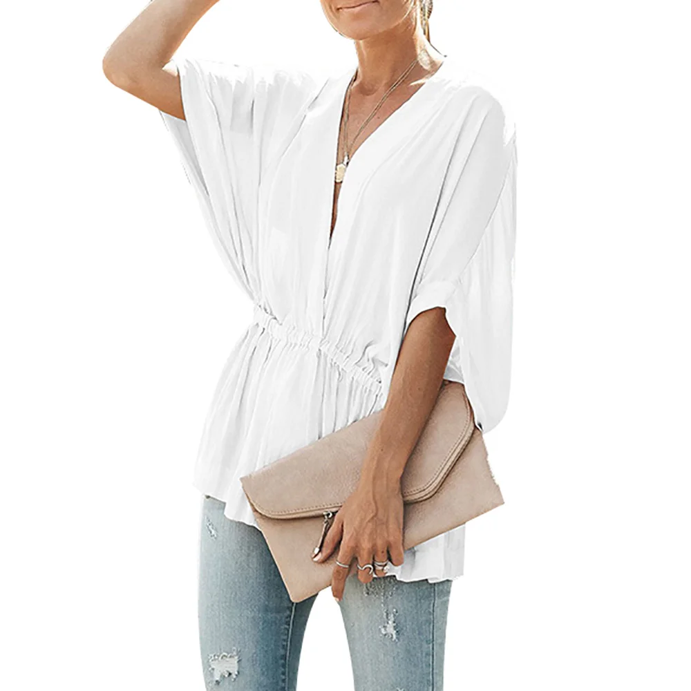 

Women's Loose Bat-sleeved Tops V-neck Solid Color Elastic Waist Blouse Loose Casual Design Women Blouse Fashion New N19