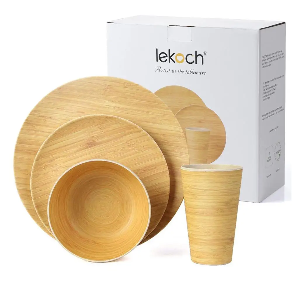 1SET 4PCS Lekoch, 16 шт., бамбуковые круглые тарелки, наборы посуды, Huosehold, твердый салатник, набор посуды, Экологичная тарелка для подарка - Цвет: 1SET 4PCS