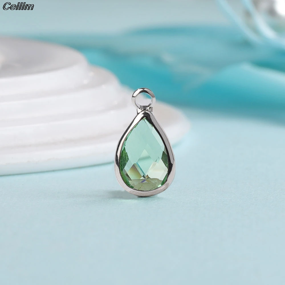 10pcs 14mm Crystal Birthstone Charms Silver Plated Small Water Drop Pendants Jewelry Accessories for Handmade Bracelet Making