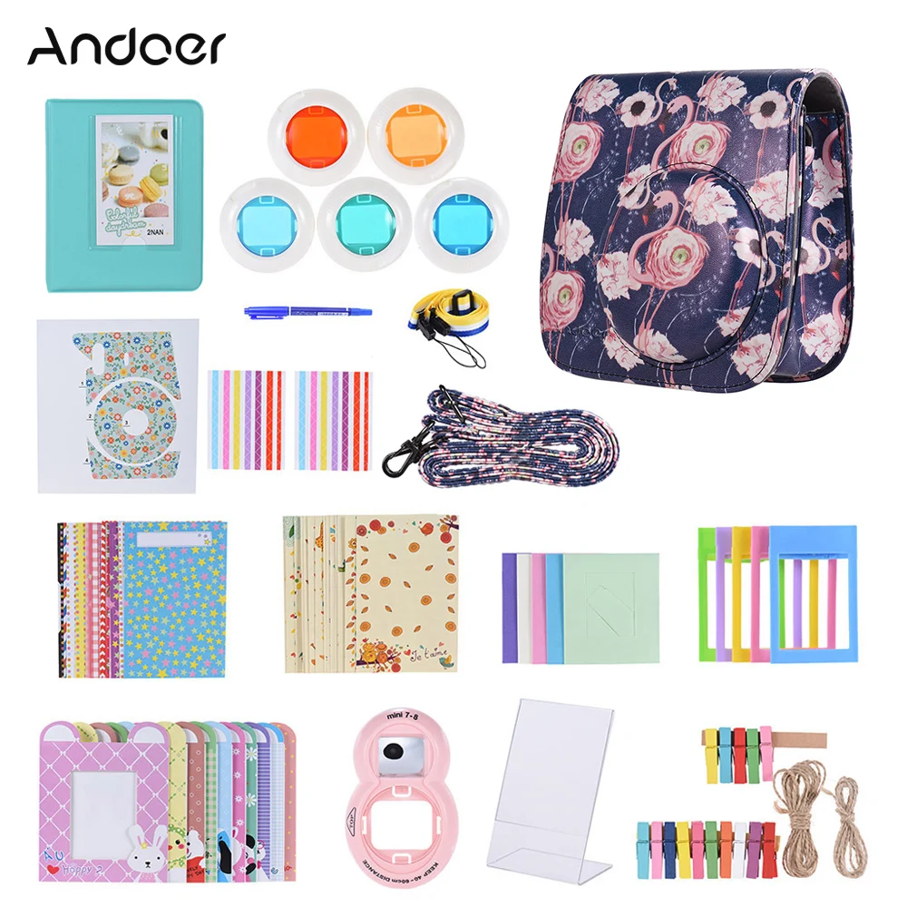 Flamingo purple Andoer 14 в 1 комплект аксессуаров для Fujifilm Instax Mini 9/8/8+/8s w/чехол для камеры/ремешок/Наклейка/селфи объектив/5* Цветной фильтр и т. Д - Цвет: Flamingo purple